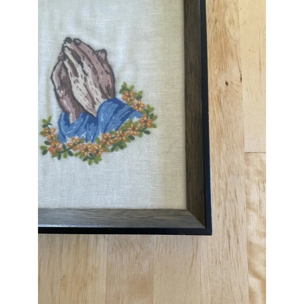 Handmade Praying Hands Vintage Tapestry Framed Artwork 8x10
